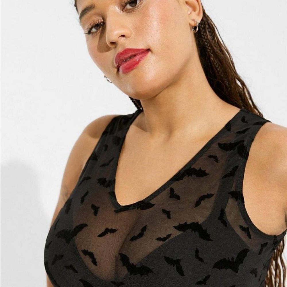 Torrid - Flocked Mesh V-Neck Bodysuit in Black Stormy Bats